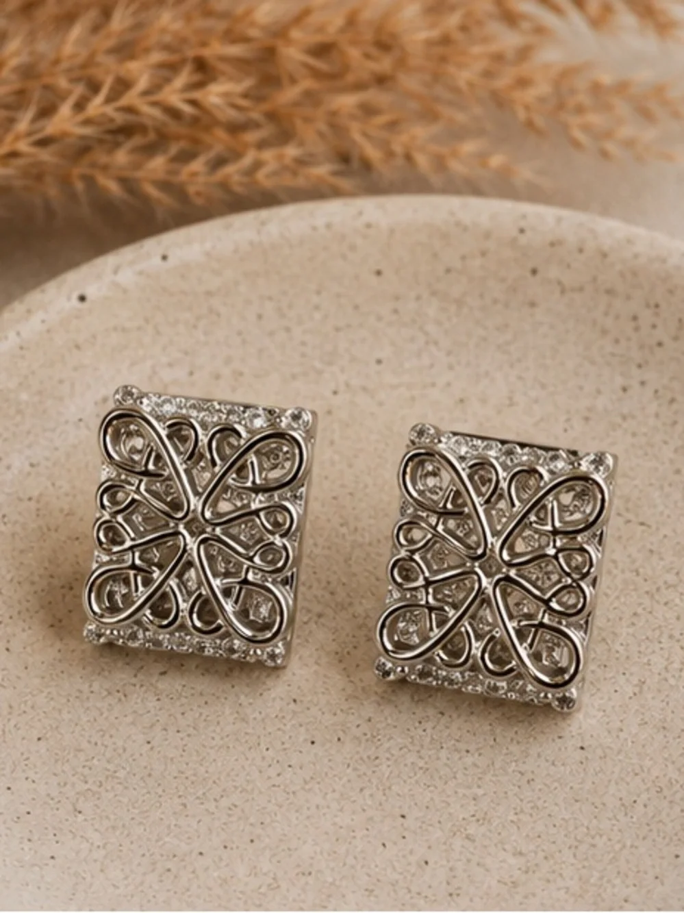 Silver Crystal Filigree Square Stud Earrings | Designer Inspired